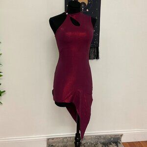 Y2K Vintage Asymmetrical Bodycon Drees Keyhole Neck Sleeveless Size XS Red